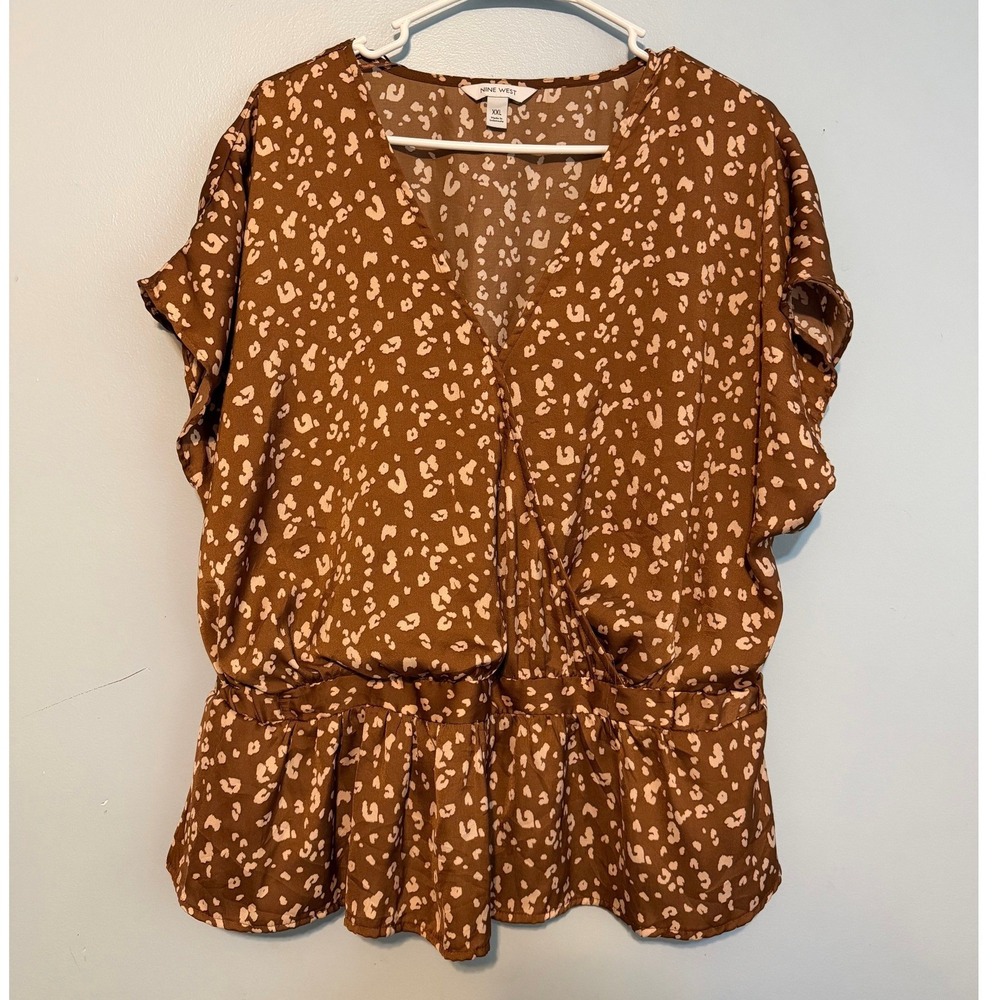 Nine West‎ Women's XXL Brown Animal Print Surplice Peplum Blouse 1865
